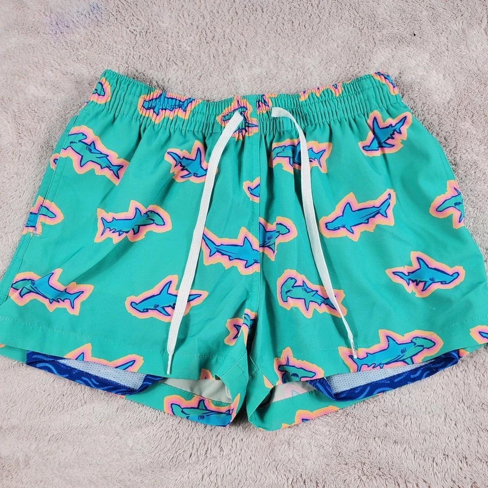 Chubbies Small  Mens Teal Hammerhead Shark Print Swim Trunks 4 Inch Inseam Flaw